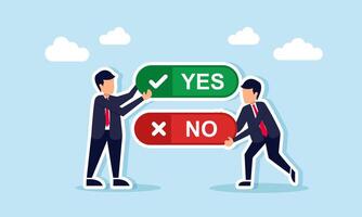 A businessman holds a sign that says YES and another holds a sign that says NO, illustration of debate during discussion or sharing about business decisions vector