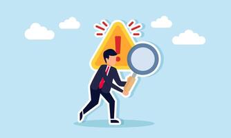A businessman holding a magnifying glass standing in front of a warning sign, illustration of restrictions and limitations in business research vector