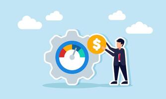 A businessman holds a dollar coin next to a gear with a speedometer, illustration of monitoring and evaluating business financial performance through online and digital tools vector