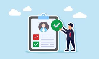 A businessman stands next to someone's CV or curriculum vitae while holding a check mark, illustration of getting a suitable and qualified job candidate vector