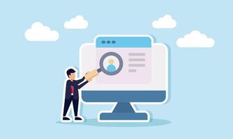 A businessman holding a magnifying glass observing a person's profile displayed on a desktop app, illustration of filtering and monitoring employee candidates or performance vector