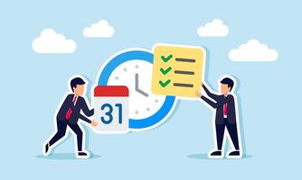 Two businessmen, one holding a checklist and the other a calendar, standing in front of a clock, illustration of designing an effective and efficient business time schedule vector