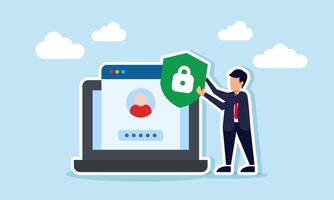 Businessman holding a padlock sign next to a laptop displaying a login interface, illustration of account security protection for a customer on a company website vector
