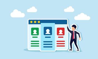 A businessman stands next to an app interface displaying several people profiles, illustration of monitoring employees in a business company vector