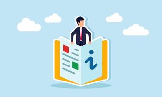 Businessman is behind an information book, illustration of using a manual or reference book for learning, research, or business information purpose vector