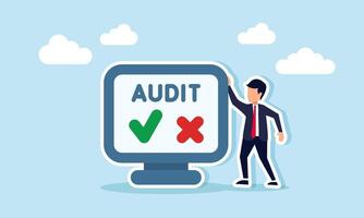 A businessman standing next to a monitor displaying the word audit with a check mark and a cross, illustration of decision-making in digital audit validation for a business company vector