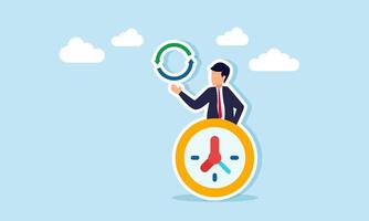 A businessman stands behind a clock showing a recycle sign, illustration of the ability to optimize work time efficiently vector
