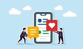 Two businessmen are near a smartphone, one holding a love icon and the other a note symbol, illustration of responses in using a platform or application vector