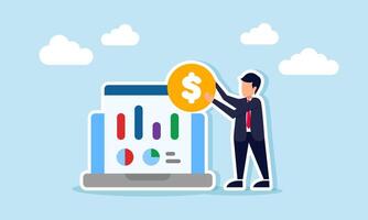 A businessman holds a dollar coin next to a laptop displaying a chart graph application, illustration of financial performance analysis and monitoring using business apps vector