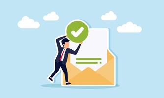 A businessman standing next to an envelope containing documents while holding a check mark, illustration of document verification and business company authenticity vector