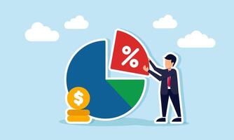 A businessman holds a part of a pie chart labeled with a percentage, illustration of improving business financial performance vector