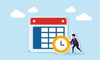 A businessman holds a clock next to a calendar, illustration of designing and organizing a business schedule vector
