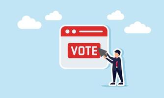 A businessman holds a cursor and points it at an application platform interface that says VOTE, illustration of participating in democracy through voting for fair decisions vector