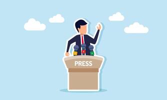 Businessman holds a press conference, illustration of delivering a statement or business decision through media communication in a formal public setting vector
