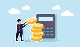 A businessman holds a coin intending to stack it on top of a pile of coins next to a calculator, illustration of business profit calculation vector
