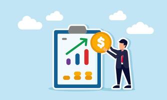 A businessman holds a dollar coin next to a paper work board showing a rising chart, illustration of profit share gained in a business project vector
