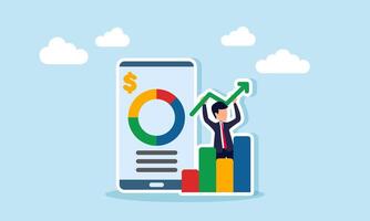 A businessman lifts a rising green line chart standing between a graph and an app displaying a circle chart, illustration of improved business performance through business apps vector