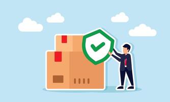 A businessman holds a shield with a check mark beside a stack of boxes, illustration of business in the cargo insurance and logistics sector vector