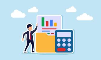 A businessman stands next to a calculator and a folder containing chart documents, illustration of targeting increased revenue and profit vector