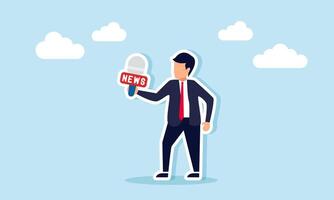 A businessman carries a microphone preparing to conduct a news interview, illustration of getting ready to interview a news source or guest speaker vector
