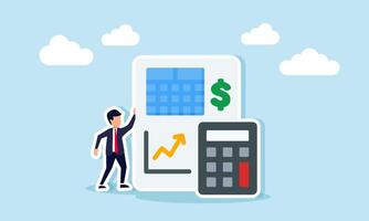 A businessman standing next to a calculator and report paper showing a chart and dollar sign, illustration of compiling and calculating for company financial reporting needs vector