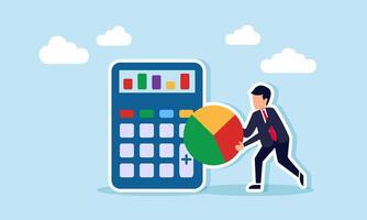 A businessman holding a pie chart stands next to a calculator, illustration of business calculation related to risk management based on performance vector