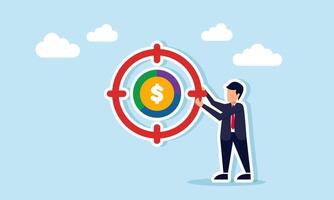 A businessman carries a focus target symbol aiming at a dollar sign and pie chart, illustration of deadline for improving business financial performance vector