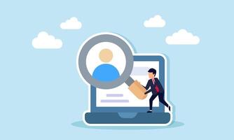 A businessman on top of a laptop holding a magnifying glass observing a person's profile, illustration of searching for a suitable employee candidate online for a specific position vector