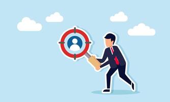 A businessman holding a magnifying glass shaped like a focus target while observing someone's profile, illustration of finding the right and suitable job candidate vector