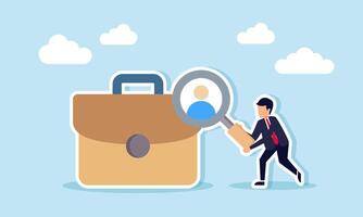A businessman standing next to a briefcase holding a magnifying glass observing a person's profile, illustration of searching for new employee candidates for a specific position vector