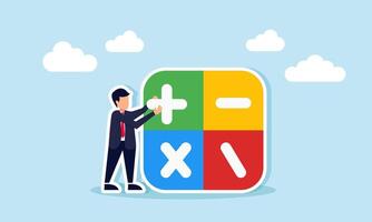 A businessman carries a plus sign intending to arrange it with other math operation signs like minus times and divide, illustration of business risk calculation vector