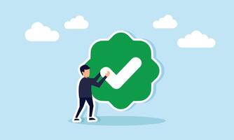 A businessman intends to place a check mark on a badge, illustration of business or product legality verification vector