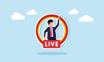 Businessman is inside a circle labeled LIVE, illustration of live streaming through social media platforms for digital content, online communication, and audience interaction vector