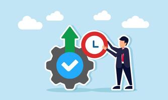 A businessman holds a clock beside a gear with a check mark and upward arrow, illustration of time schedule for business workflow maintenance vector