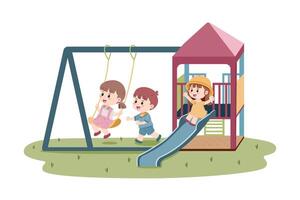 Three cheerful children are having fun playing on a colorful playground with swings and a slide. vector