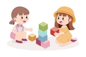 Two happy little girls are playing together with colorful building blocks, stacking them up. vector