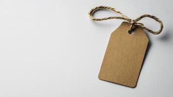 Blank Brown Kraft Paper Gift Tag With Twine On Gray Background photo