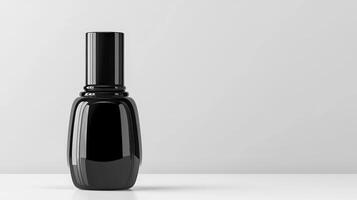 Glossy Black Bottle On White Surface Minimalist Product Photography photo
