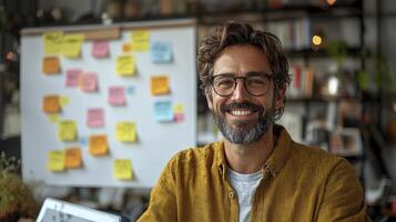 Smiling Man With Curly Hair And Beard In Mustard Yellow Shirt At photo