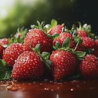 Closeup of Fresh Red Berries with Water Droplets on Dark Wood photo