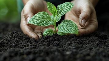 Close Up of Hands Planting Seedling in Dark Soil photo