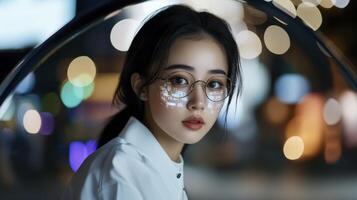 Night Portrait Of Person In White Shirt With Illuminated Glasses And photo
