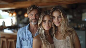 Warm Portrait Of A Man And Two Young Women In A Rustic Setting photo