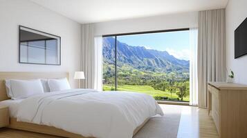 Modern Minimalist Bedroom with Stunning Mountain Views photo