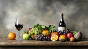 Rustic Still Life With Wine And Assorted Fruits photo