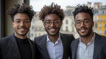 Three Smiling Men in Blazers and Glasses Against a City Background photo