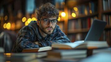 Focused Person Studying Late Night in a Library photo