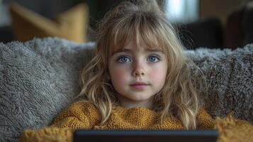 Focused Young Girl Using Digital Device Indoors photo