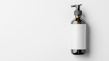 Amber Glass Bottle with Blank White Label on White Background photo