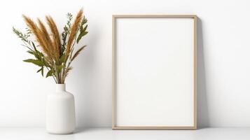 Dried Flowers in White Vase with Blank Wooden Frame and Textured photo